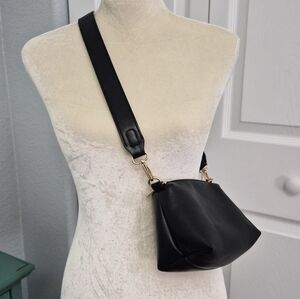 Anthropologie Black Vegan Leather Camera Bag Crossbody Wide Strap